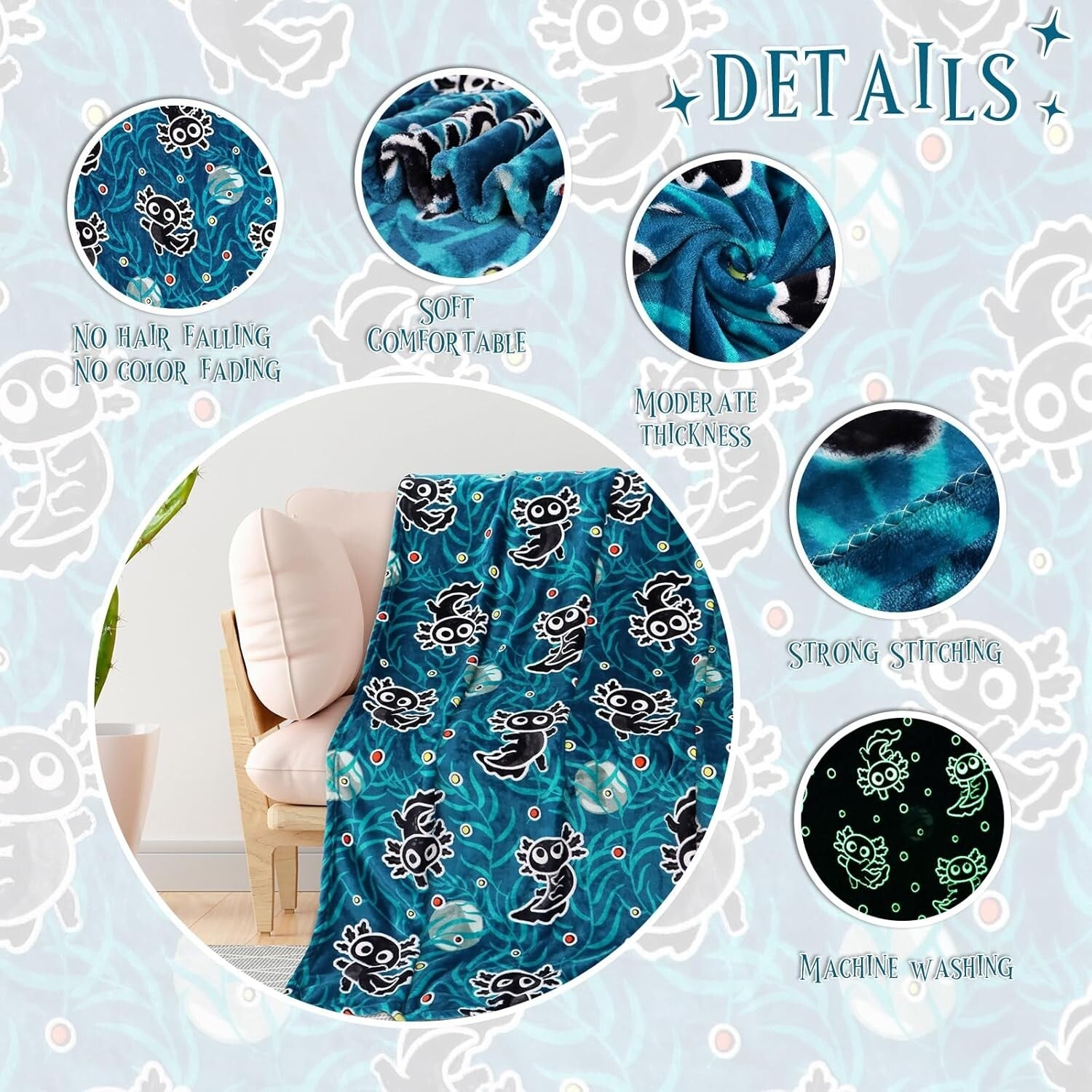 Cute Glow in the Dark Axolotl Blanket - Machine Washable Twin Size Comfort