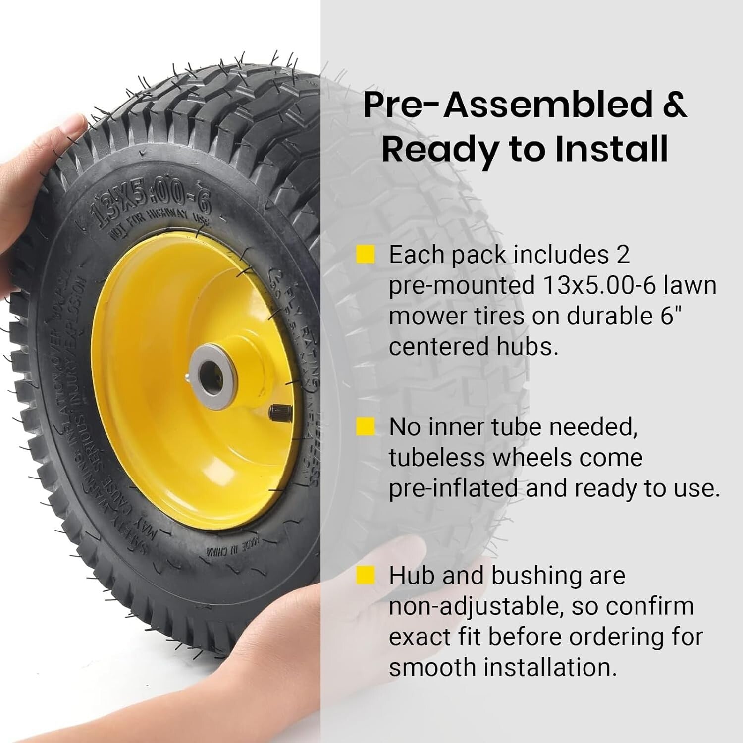 Heavy-Duty Tubeless Lawn Mower Tire & Wheel Assembly 2-Pack - 13" Diameter