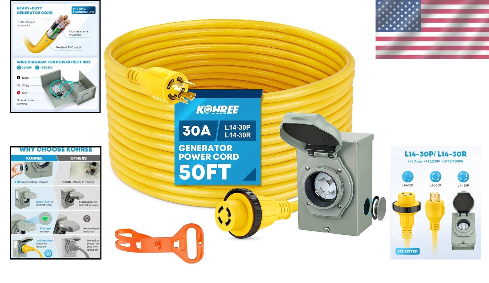 Reliable 30 Amp Generator Cord with Weatherproof Inlet Box & Organizer - 50FT