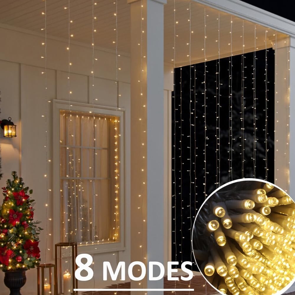 8 Mode Warm White LED Curtain Lights - Perfect for Weddings and Festive Decor
