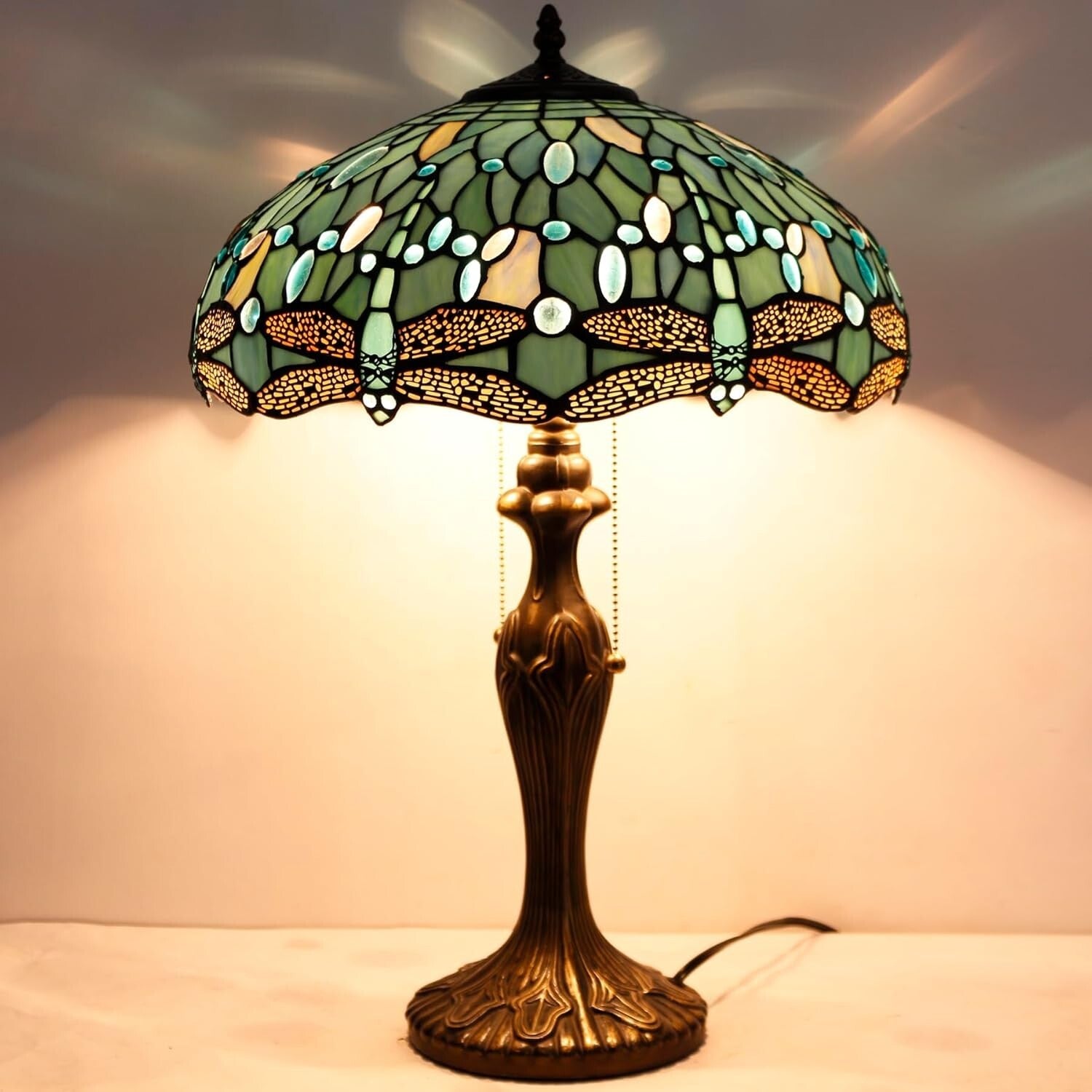 Antique Bronze Dragonfly Tiffany Lamp - Sea Blue Stained Glass Shade 16x24"