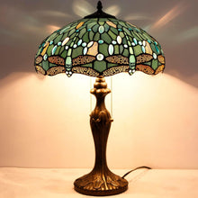 Load image into Gallery viewer, Antique Bronze Dragonfly Tiffany Lamp - Sea Blue Stained Glass Shade 16x24"