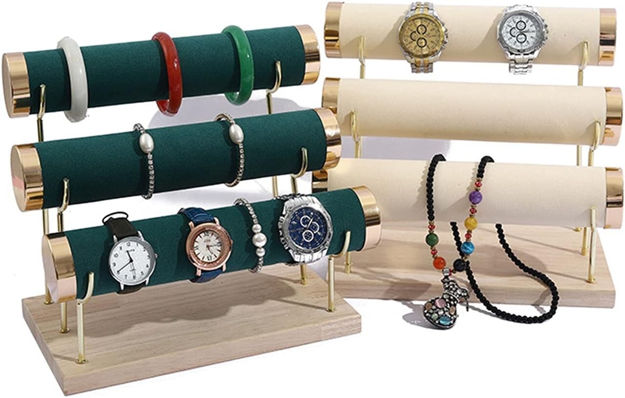 Chic Beige Velvet Bracelet Stand - Three-Tier Jewelry Display with Gold Accents