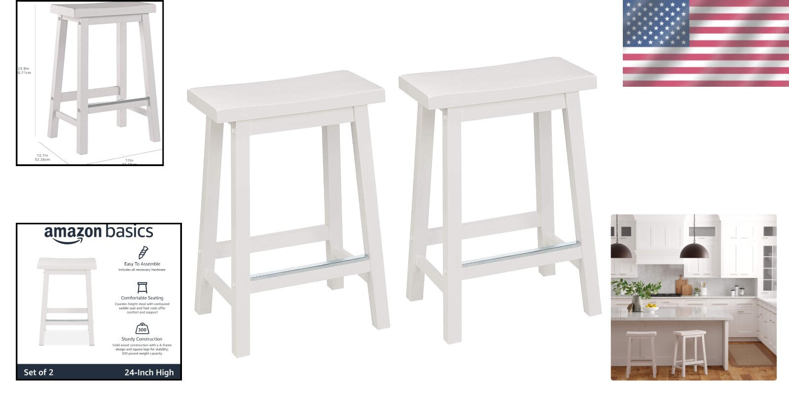 Set of 2 Solid Wood Saddle-Seat Kitchen Barstools - 24 inch White Counter Height