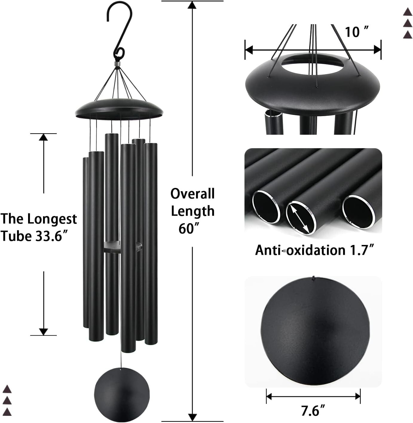 60" Extra Large Metal Wind Chimes - Deep Tone Garden Decoration in Black