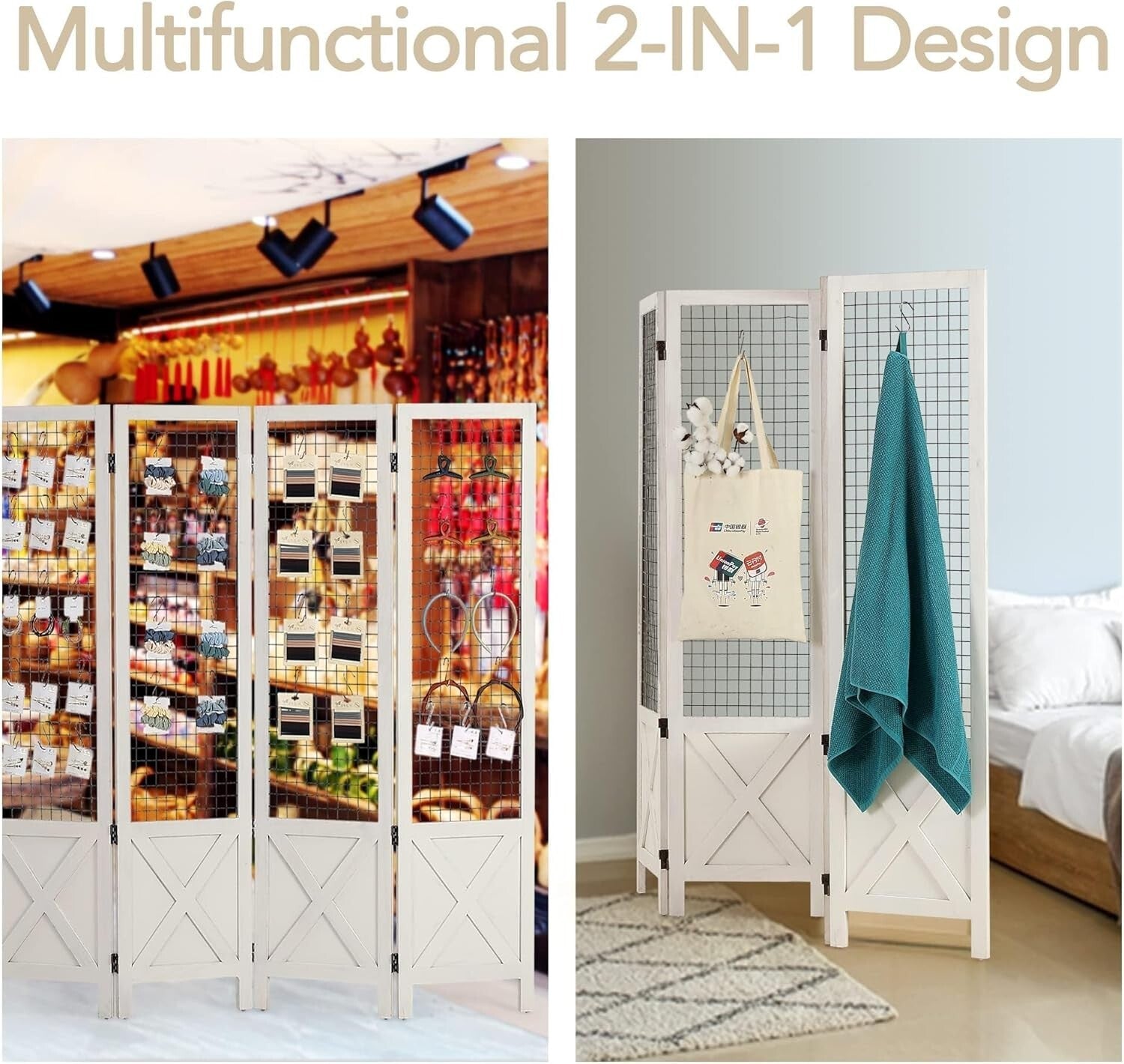 Multi-Use White Wood Room Divider & Display Board - 4 Panel Freestanding Design