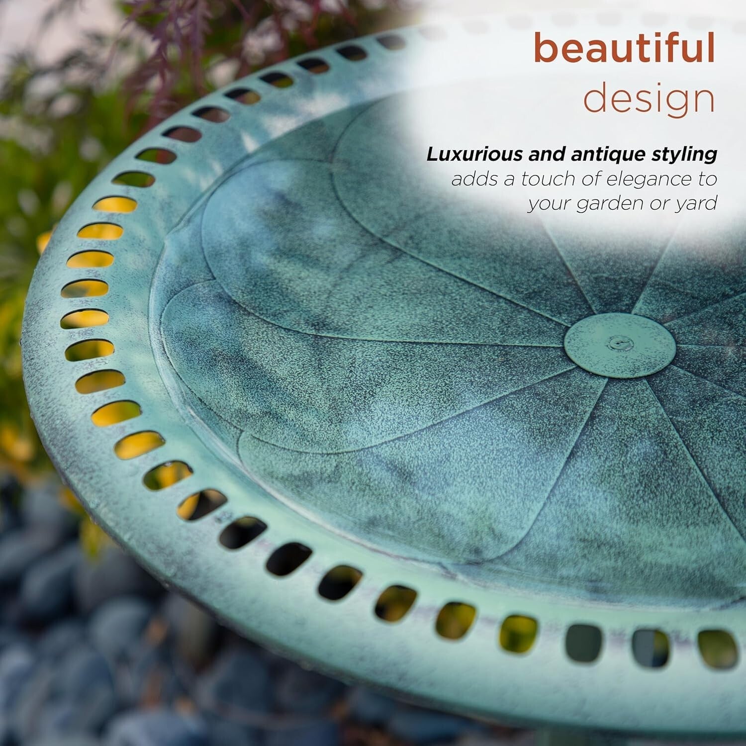 Elegant 28" Tall Outdoor Birdbath with Scrollwork - Aged Green Garden Accent