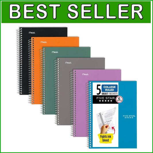 Durable 5 Subject Spiral Notebooks - 180 Sheets, Assorted Colors, Soft Cover