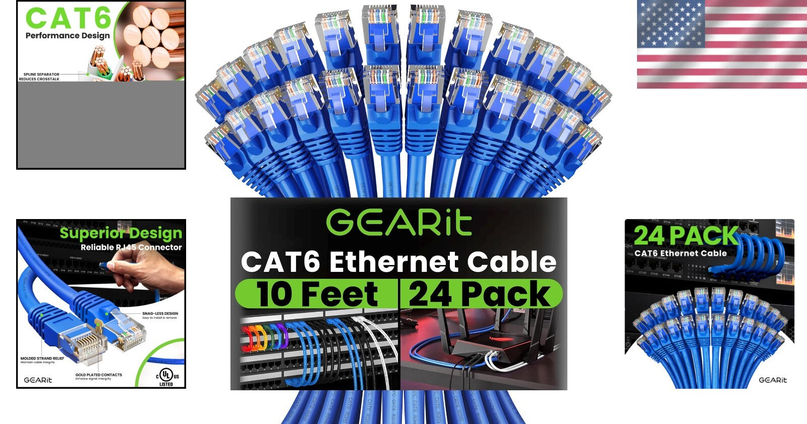 Durable 24-Pack Cat 6 Ethernet Patch Cords - 10 Feet, Snagless & ETL Verified