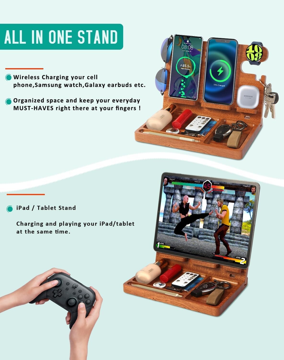 27W Wood Charging Station: 4-in-1 Fast Wireless Charger & Nightstand Organizer