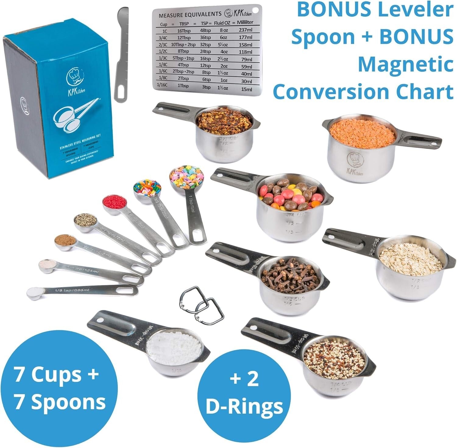 Complete Set of 16 Stainless Steel Measuring Cups & Spoons with Conversion Chart