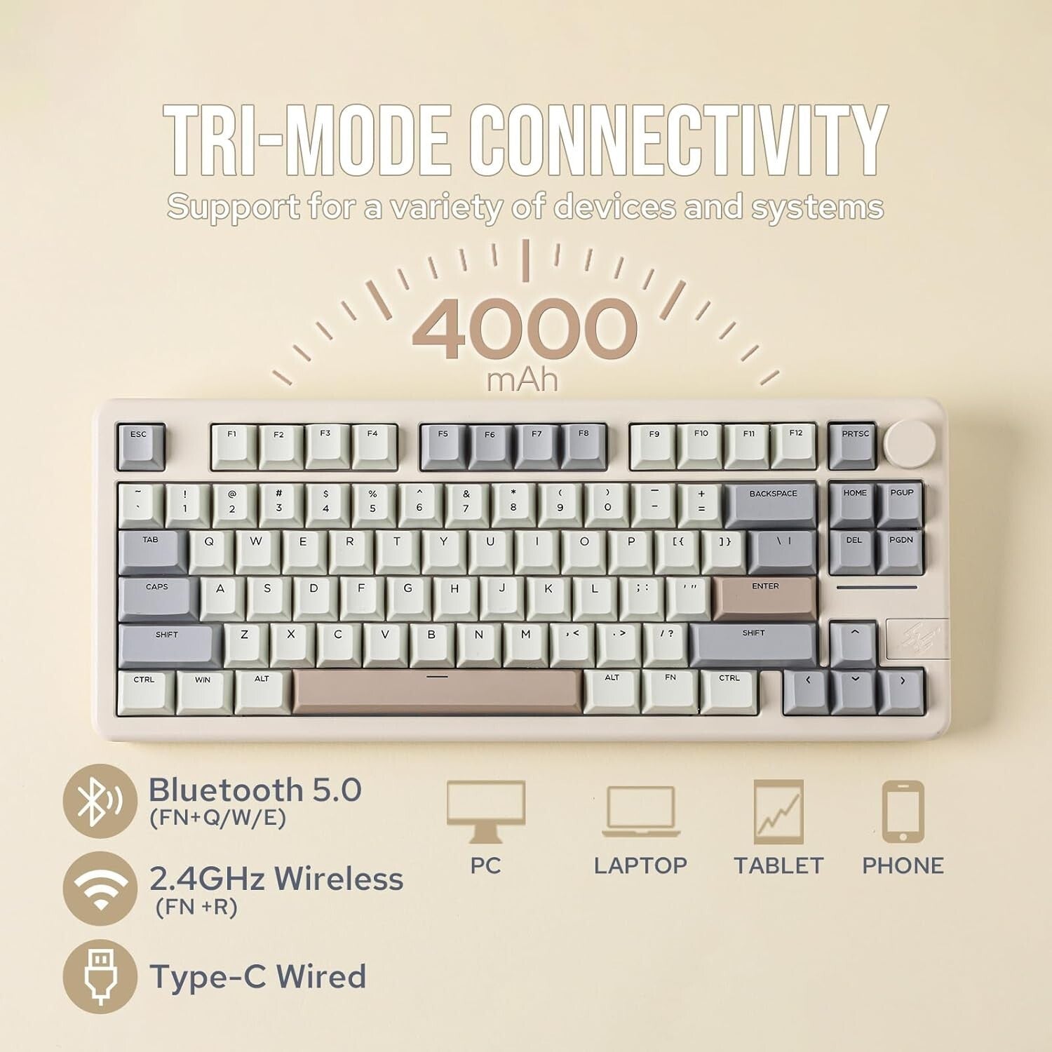 Durable 75% Aluminum Gaming Keyboard - Bluetooth, USB-C & Anti-Ghosting Features