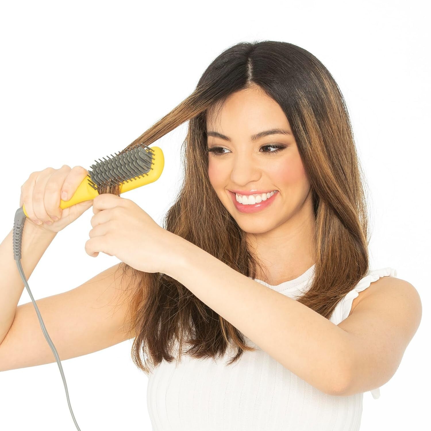 Versatile Mini Straightening Paddle Brush - Yellow Corded Electric Hair Tool