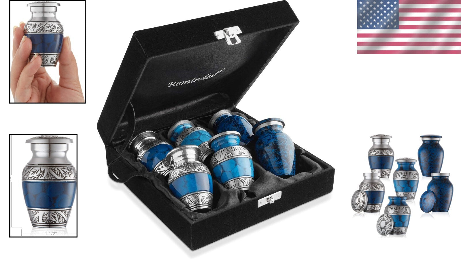 Set of 6 Mini Blue Cremation Urns with Velvet Case - Elegant Keepsake Collection