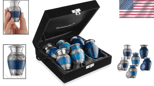 Set of 6 Mini Blue Cremation Urns with Velvet Case - Elegant Keepsake Collection