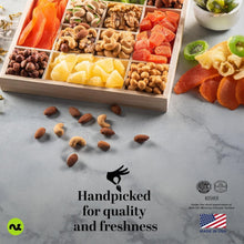 Load image into Gallery viewer, Deluxe Nut &amp; Dried Fruit Care Package - 12 Assortments in Reusable Wooden Tray