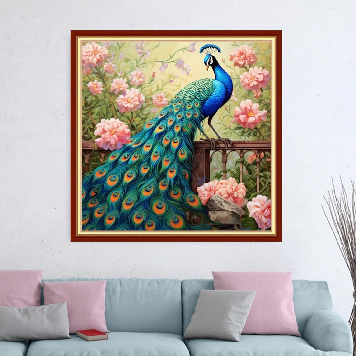 All-in-One Stamped Cross Stitch Kit - Auspicious Peacock 18x18 for Beginners