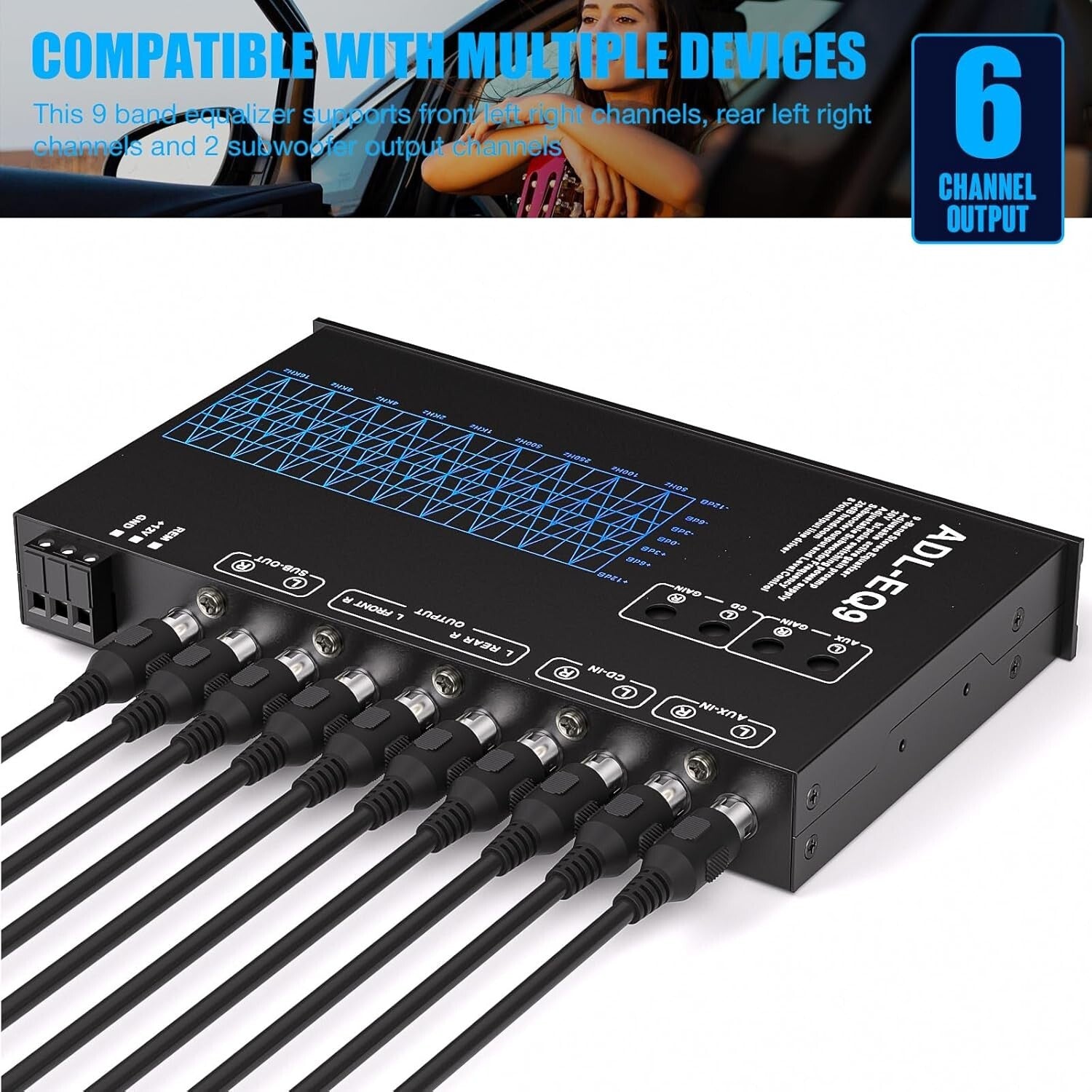 Adjustable 9-Band Car Equalizer with CD/AUX Input & White Light Illumination