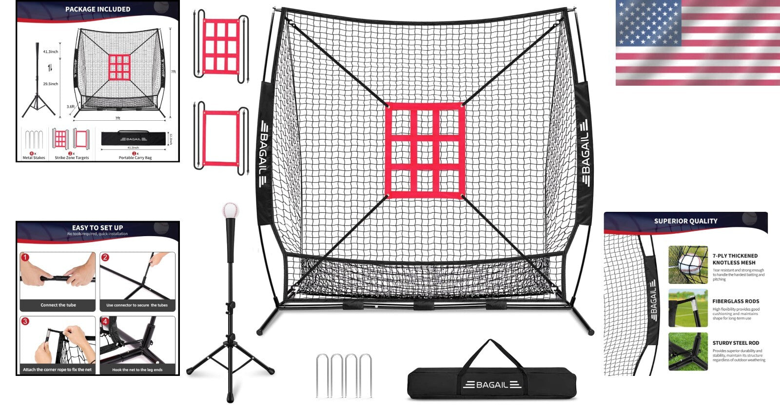 Durable 7x7 ft Bow Frame Net with Adjustable Tee & Strike Zones for Training