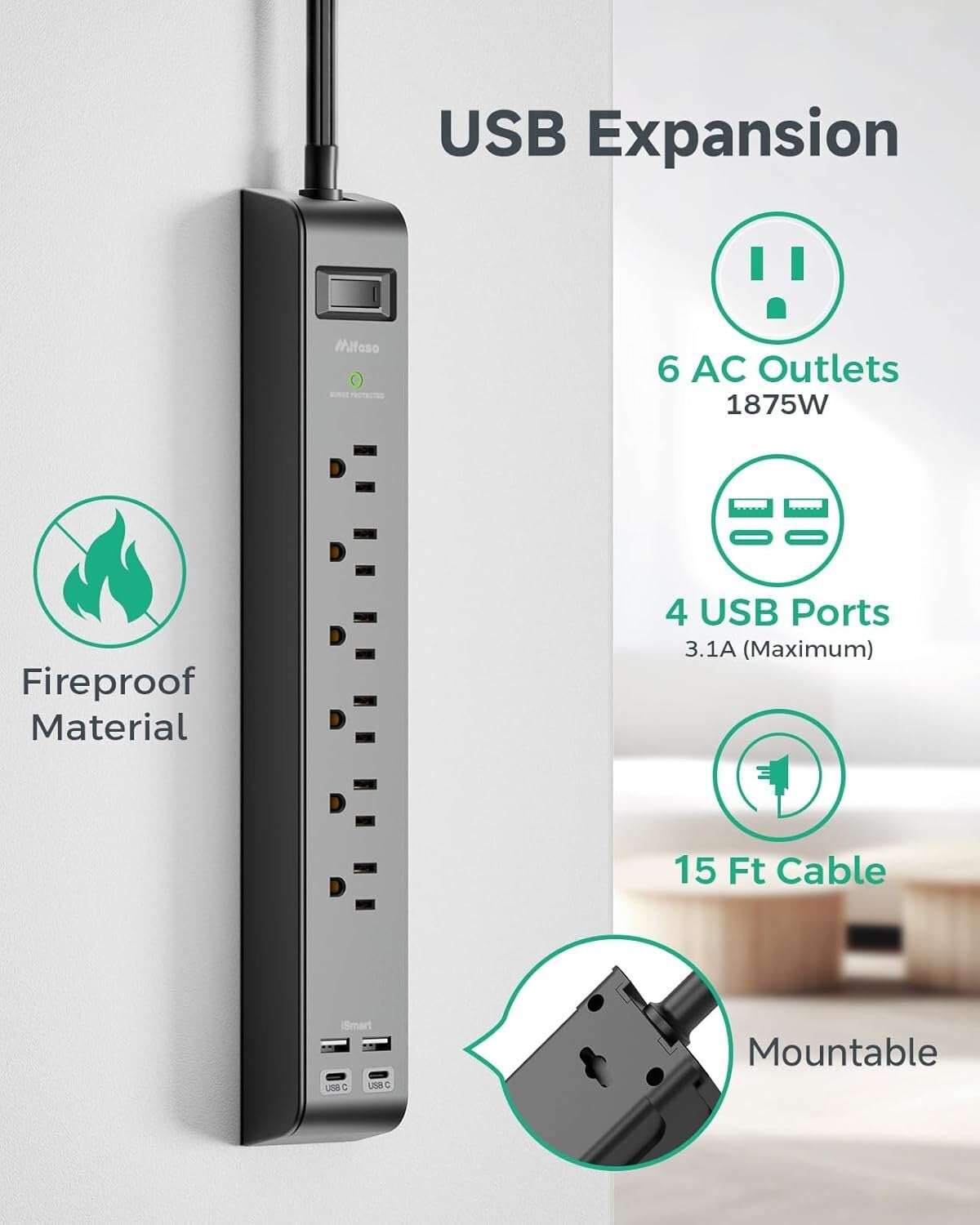 900 Joules Surge Protector with 6 AC Outlets and 4 USB Ports for Home Office