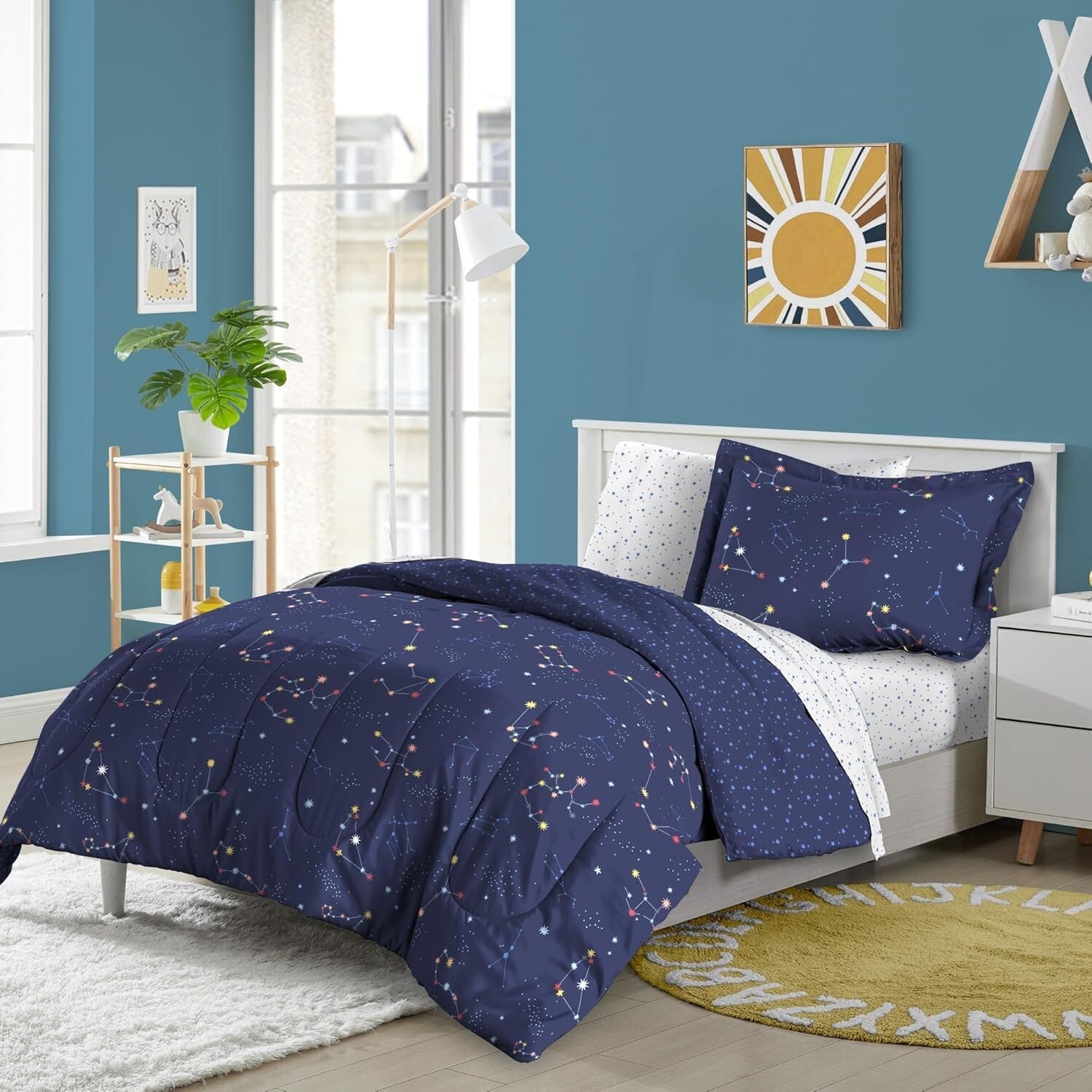Navy Blue Zodiac Twin Bedding Set - 5-Piece Microfiber Comforter & Sheets