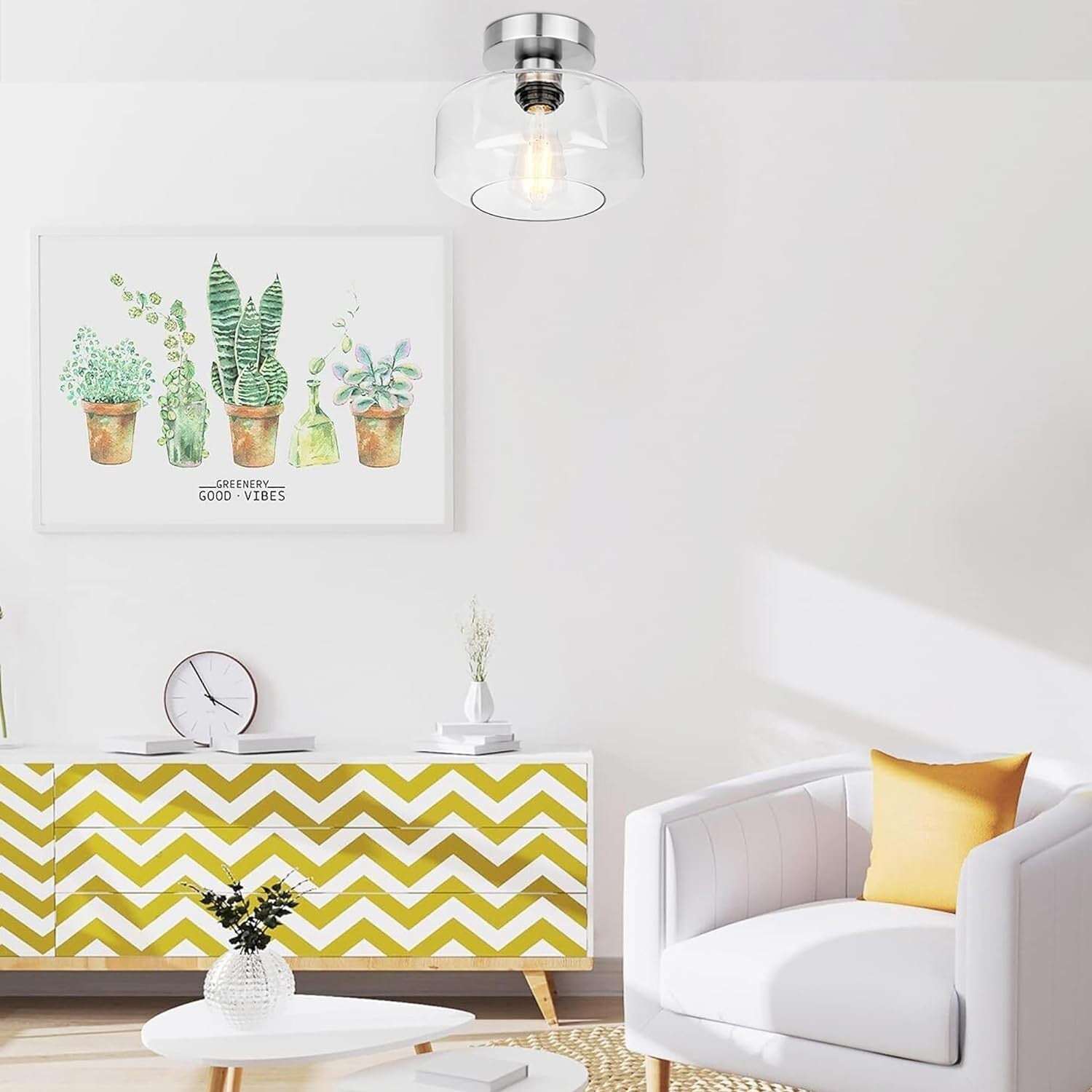 Semi Flush Mount Industrial Ceiling Light with Clear Glass and Brushed Nickel