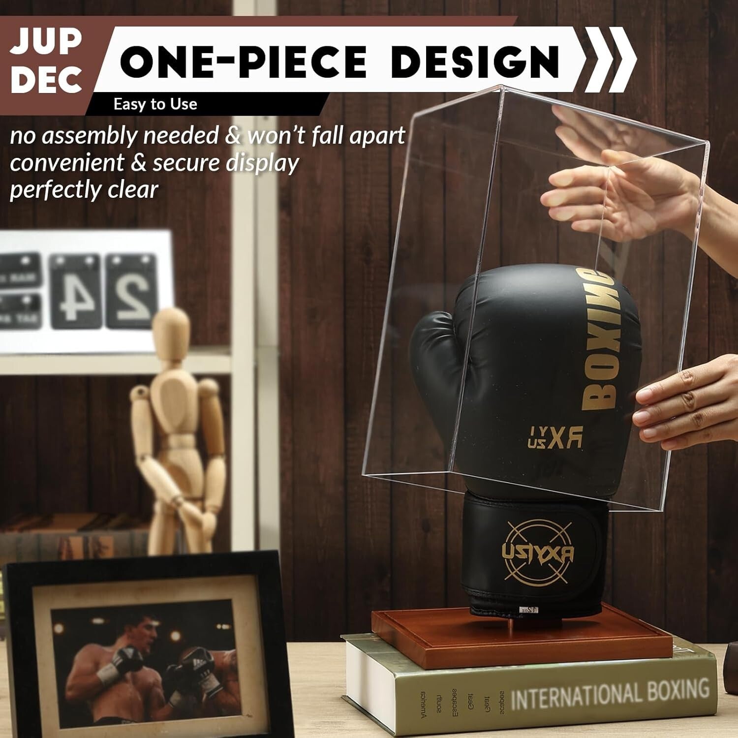 Compact UV-Protected Boxing Glove Display Showcase with Wood Base - Easy Setup