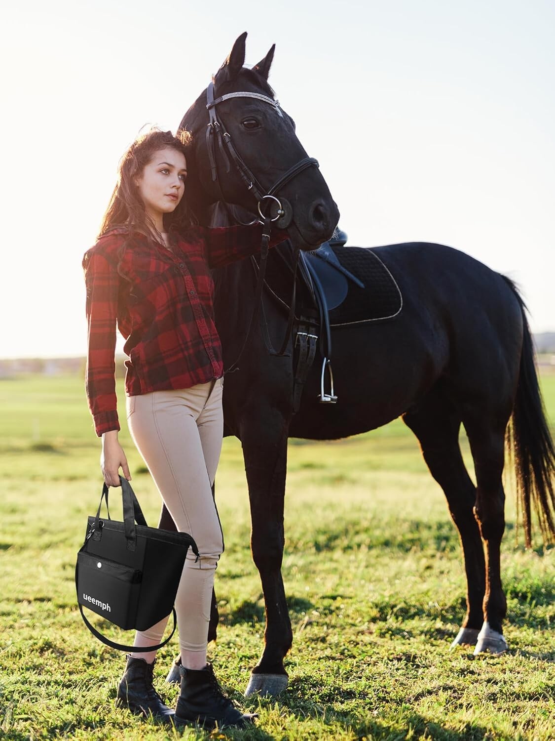 Durable Horse Grooming Set with Brushes, Gloves & Storage Tote - Black Edition