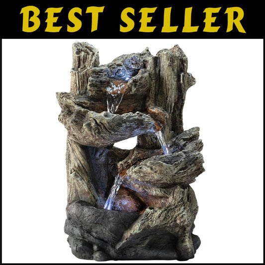 Compact 14" Tall Log Fountain with Cascading Water & LED for Indoor Serenity