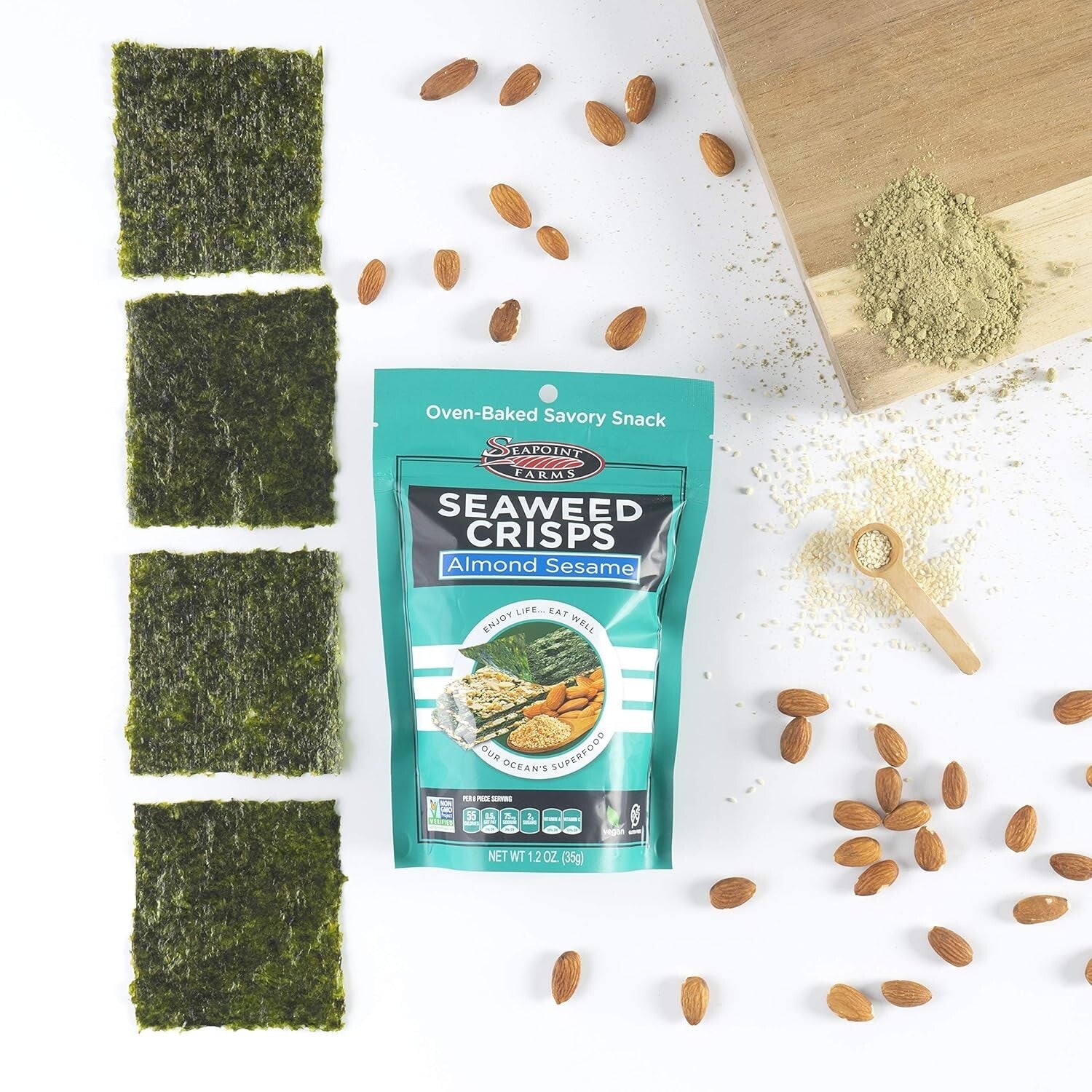 Delicious Seaweed Crisps - Almond Sesame, Vegan & Gluten-Free Snack Pack of 12