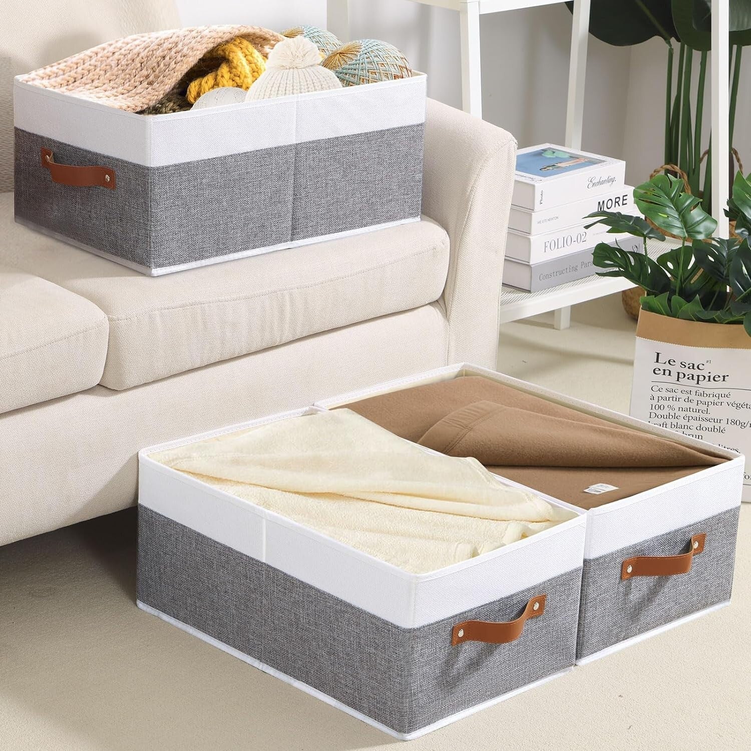 Elegant 4-Pack White and Grey Foldable Bins - Multi-Purpose Storage Solution