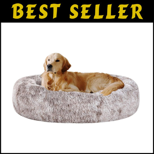 Luxurious Light Brown Faux Fur Pet Bed - Calming Cuddler for Medium Dogs