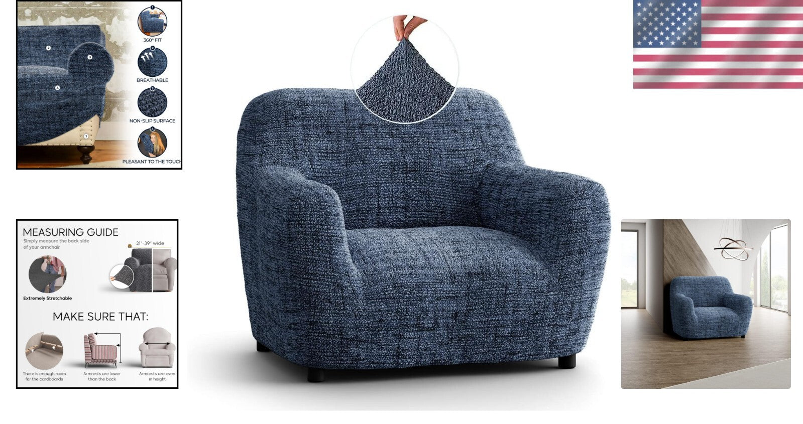 Vittoria Blue Stretch Armchair Slipcover – Soft, Washable Furniture Protector