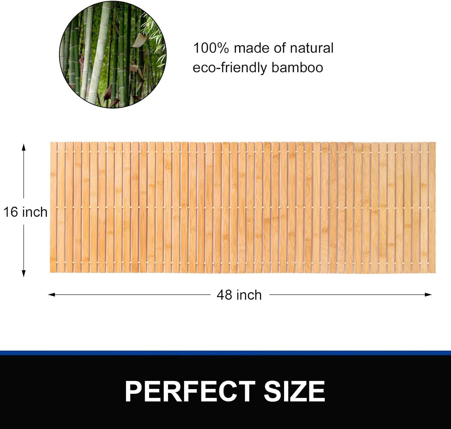 Durable Waterproof Bamboo Bath Mat - Long Lasting Non-Slip Shower Runner 16x48