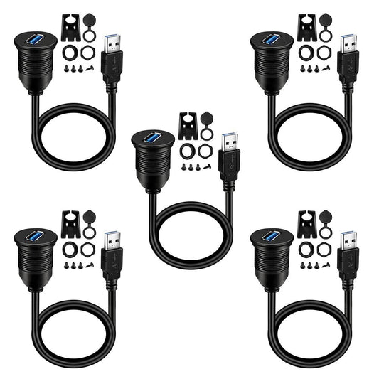 5 Pack Waterproof USB 3.0 Car Mount Flush Cable Extension, 1ft - Durable Design