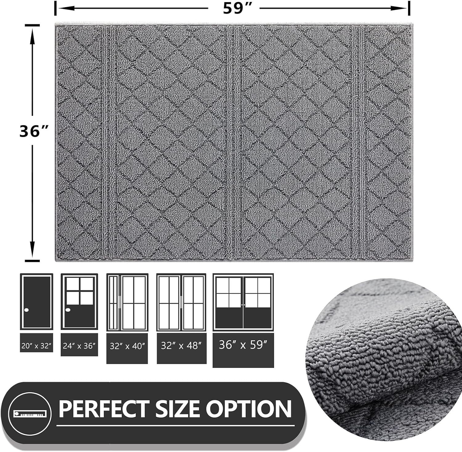 Stylish Indoor Doormat 36" x 59" with Absorbent Backing - Pet-Friendly Grey Rug