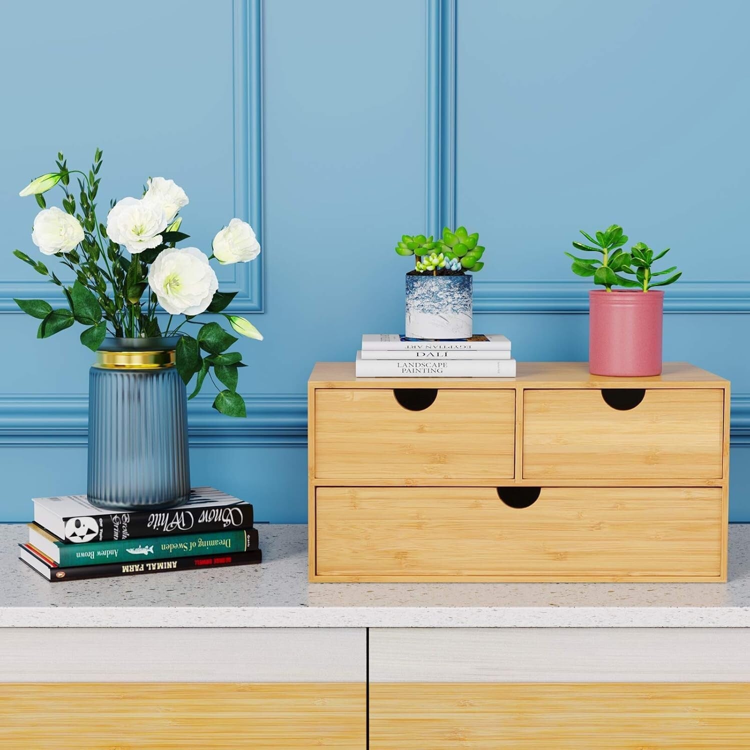 Sustainable Bamboo Mini Desktop Drawer Organizer - Fully Assembled, 3 Drawers