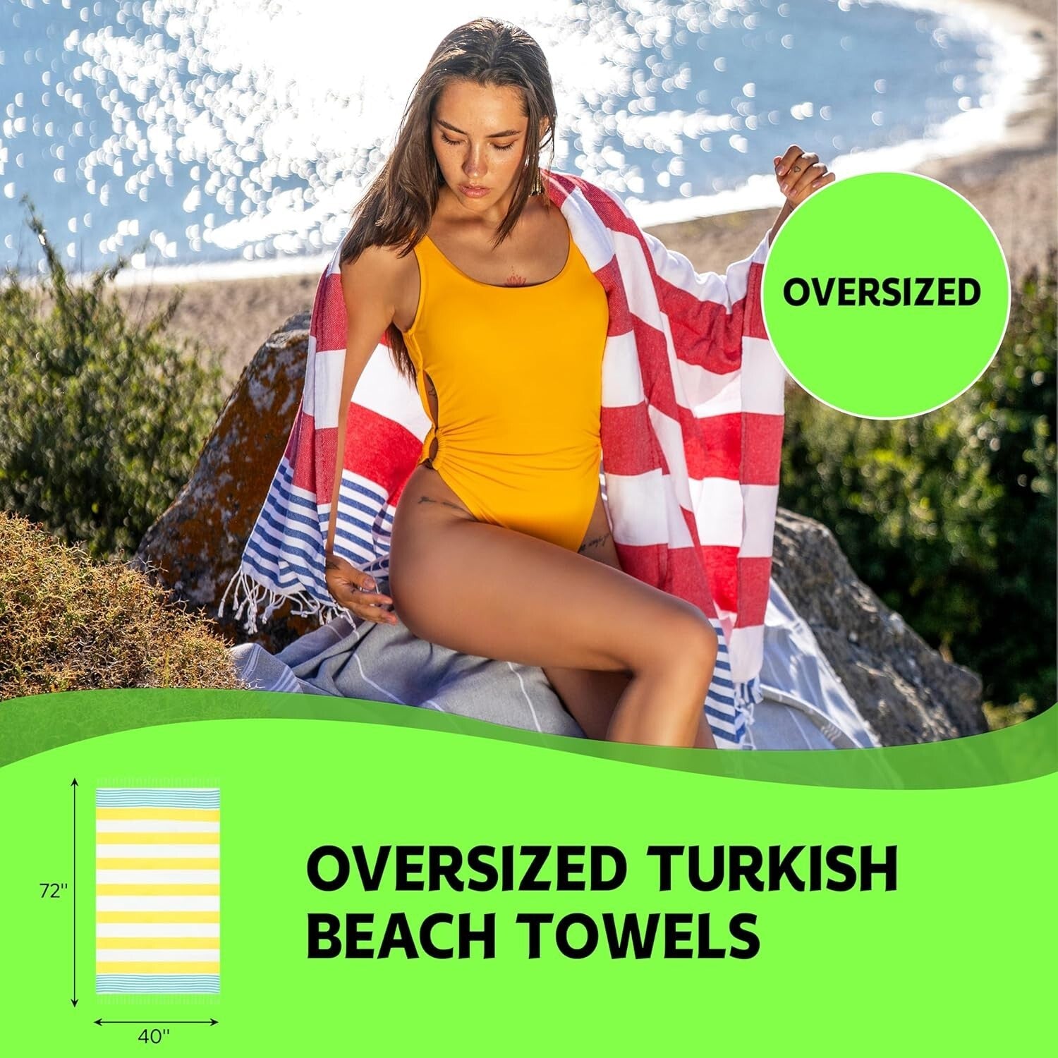 6-Pack of Absorbent Turkish Beach Towels - Oversized Sand-Free, Travel-Friendly