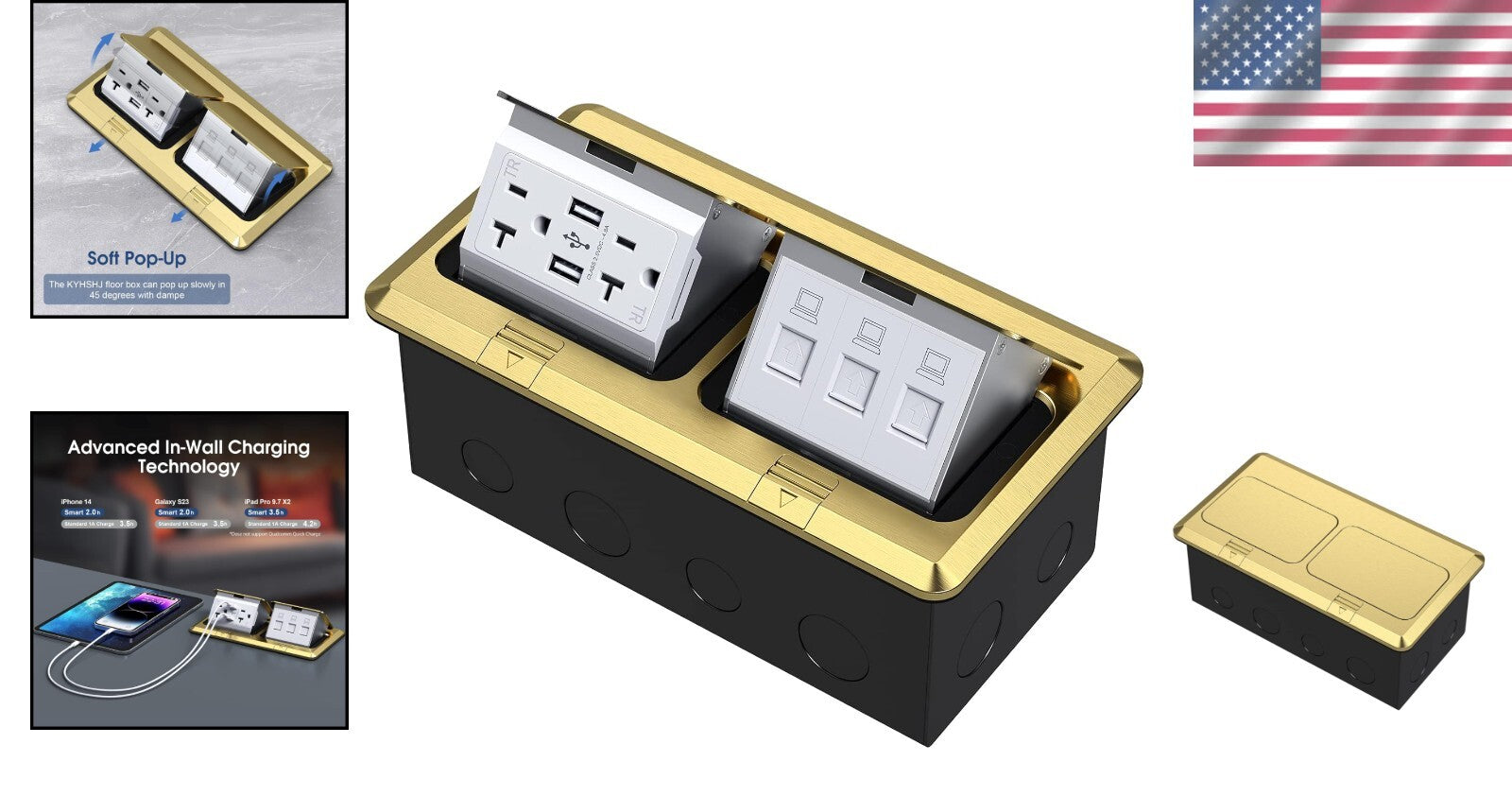 Modern Dual Pop-Up Electrical Outlet with Waterproof Design & USB Ports in Brass