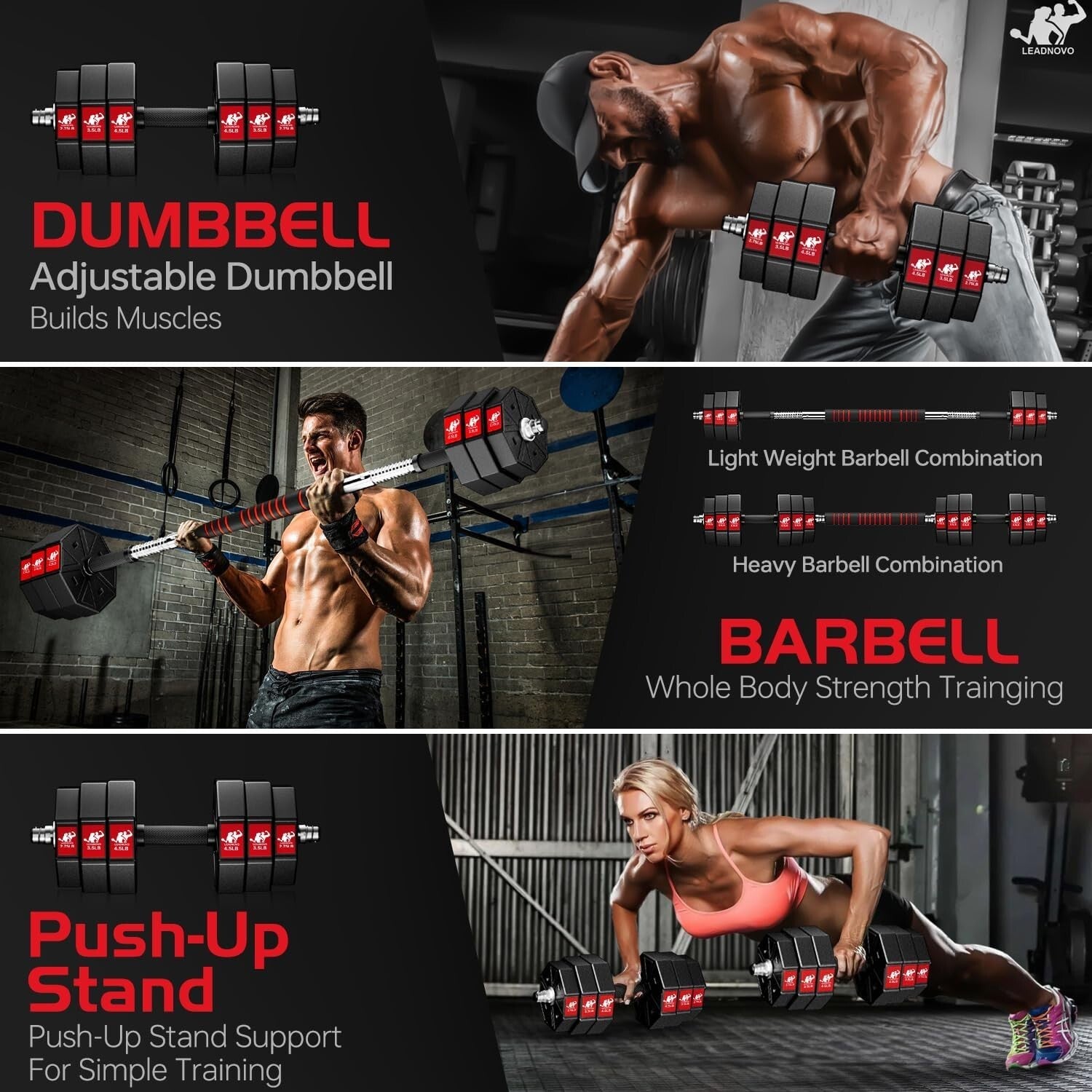 Multi-Function Home Gym Dumbbells - 44lbs, 66lbs & 88lbs Adjustable Weights