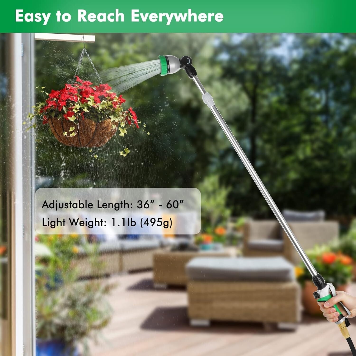 36”-60” Adjustable Metal Watering Wand with 7 Spray Patterns & Flow Control