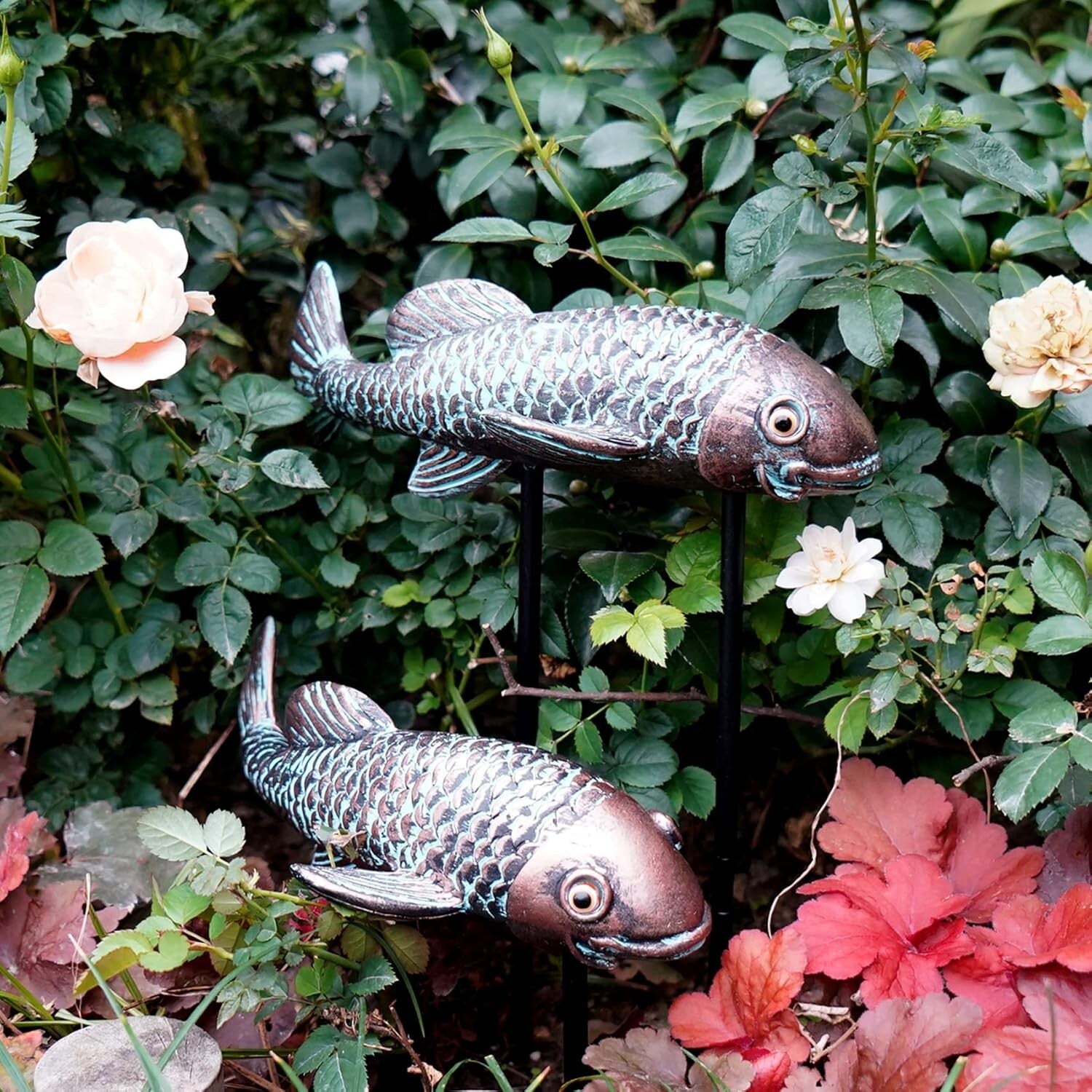 Set of 2 Antique Koi Fish Garden Sculptures - Elegant Resin Statues for Outdoors