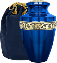 Load image into Gallery viewer, Beautiful Decorative Burial Urn for Adult Ashes - Blue and Gold Aluminum Finish