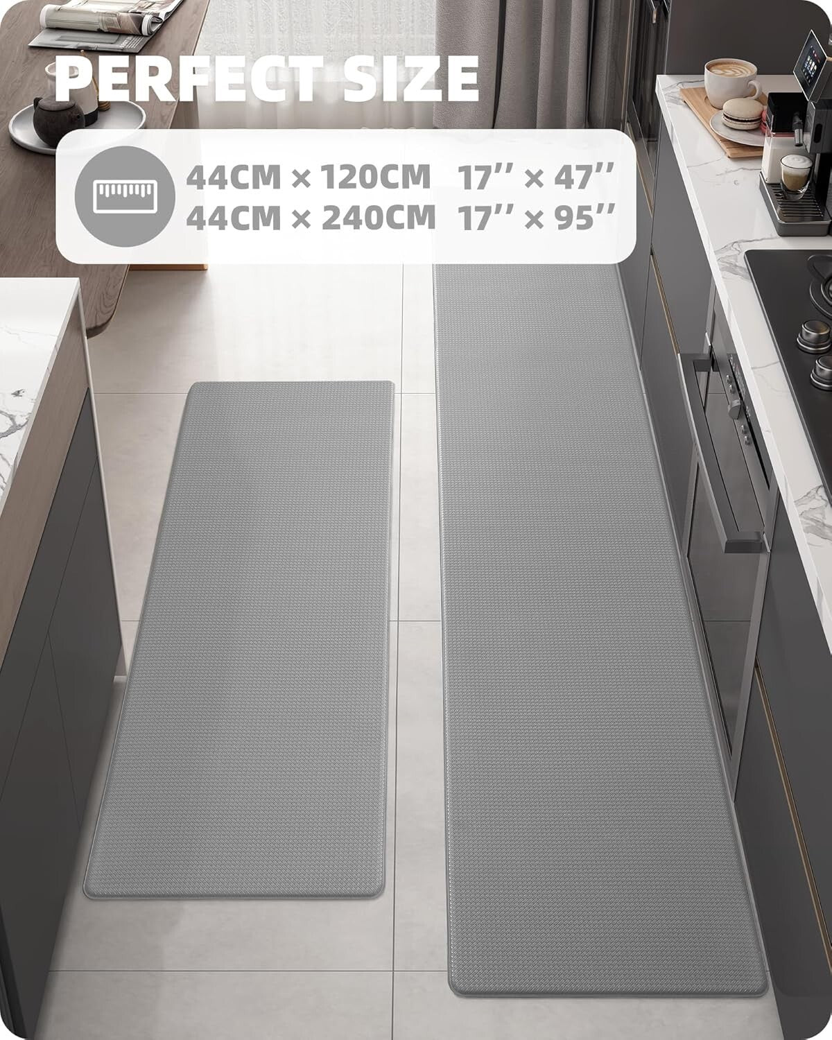 Ergonomic 2-Piece Grey Kitchen Rug Set - Stylish Waterproof Mats for Comfort