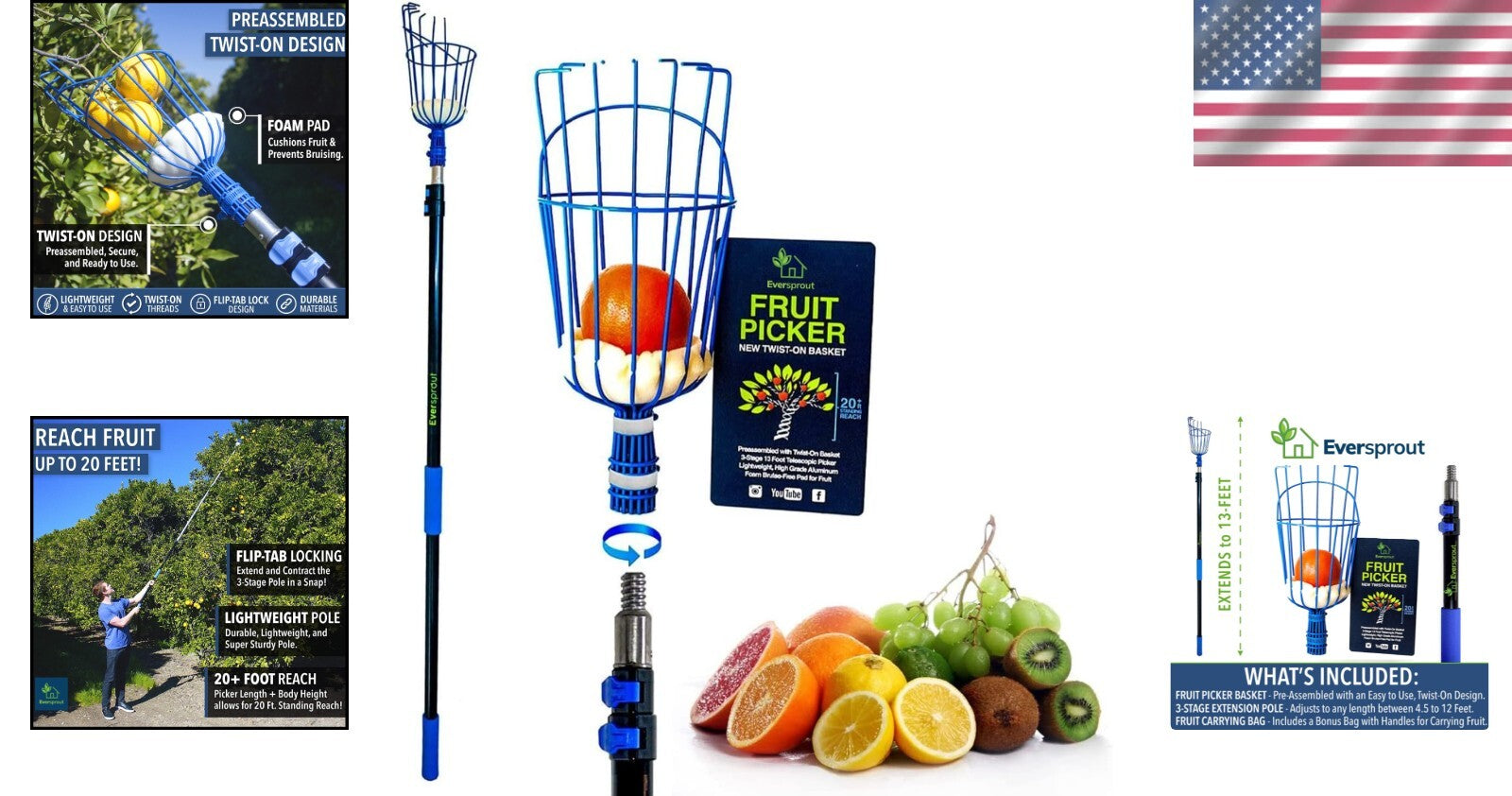 Versatile Fruit Harvesting Tool - 20+ ft Lightweight Aluminum Picker