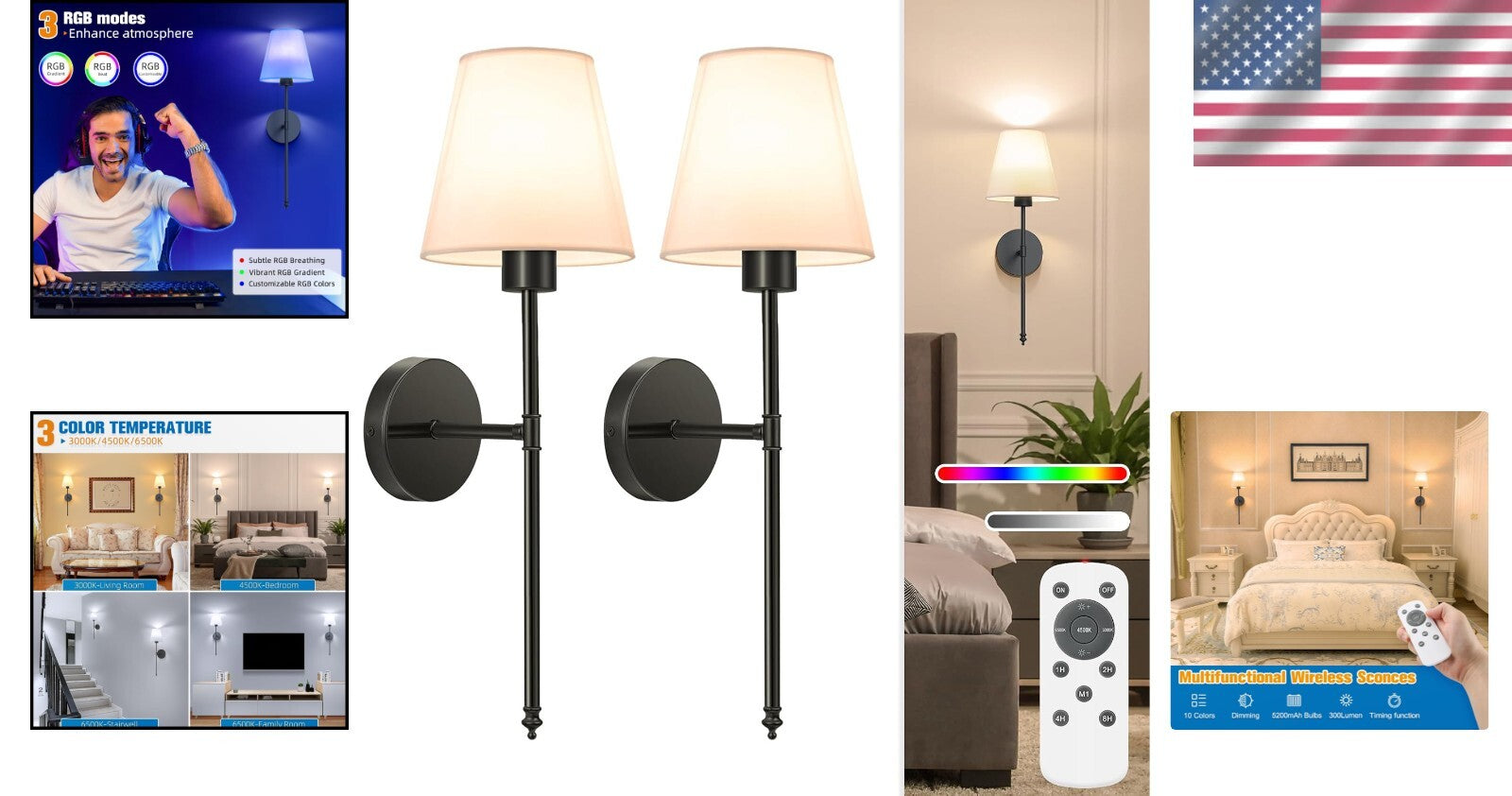 Customizable Battery-Powered Wall Sconces Set of 2 - 10 Colors + Timer Feature