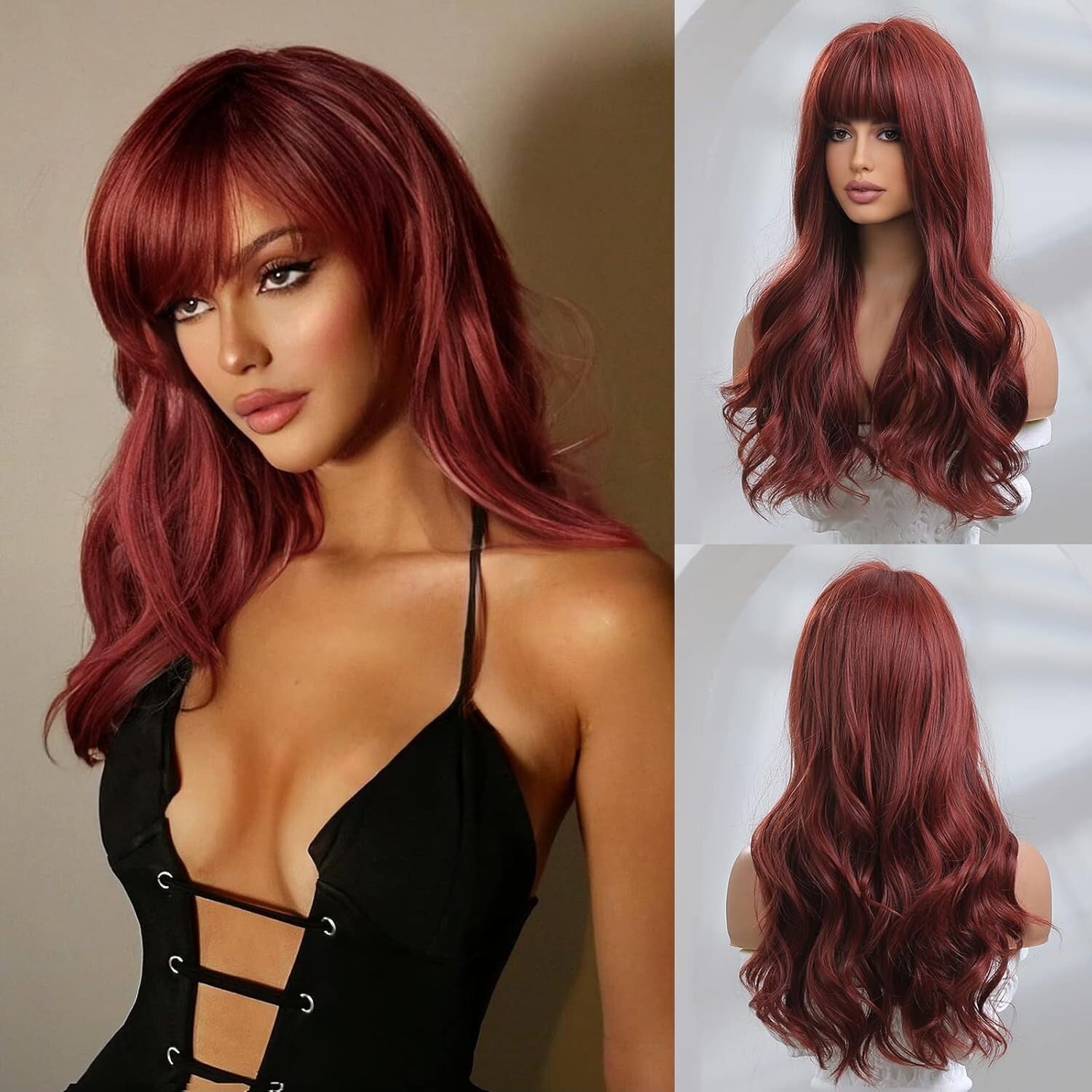 Natural-Looking Dark Red Synthetic Wig - Ideal for Everyday & Events