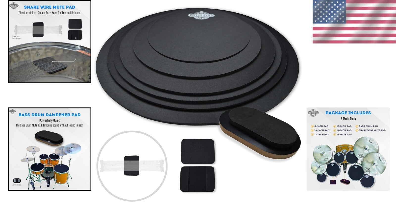 Drum Silencer Pads Set - 8pc with Bass & Snare Mutes for Peaceful Practice