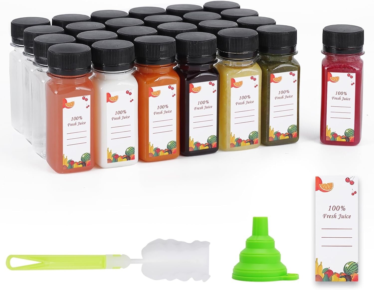 Clear 2 Oz Juice Bottles - 150 Pack with Caps, Funnels & Brushes for Smoothies