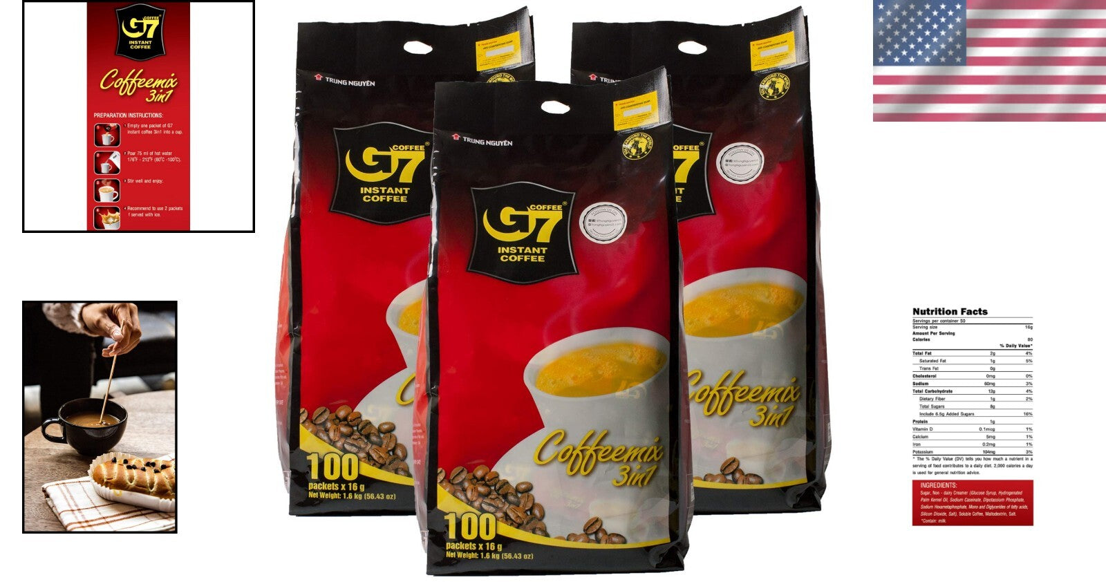 G7 3-in-1 Instant Coffee Pack - Bold Dark Roast with Creamer & Sugar (100 Pack)